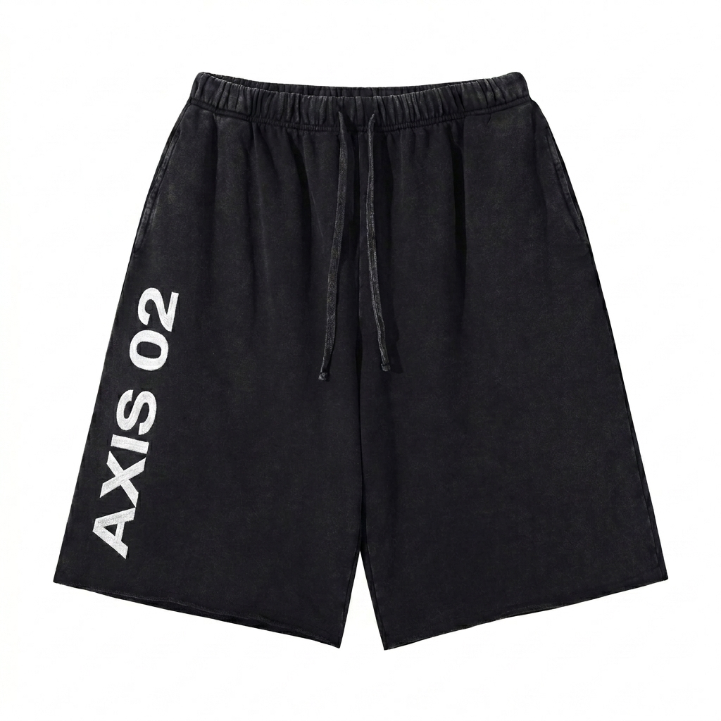 Custom Snow Washed Raw Hem Shorts design direction 3: Vertical Typography Experiment featuring the AXIS 02 wordmark