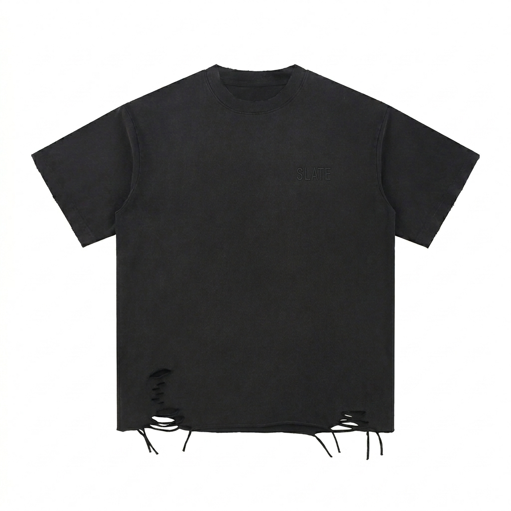 Custom Snow Washed Raw-Hem T-Shirt design direction 1: Minimalist Tonal Wordmark featuring the SLATE wordmark