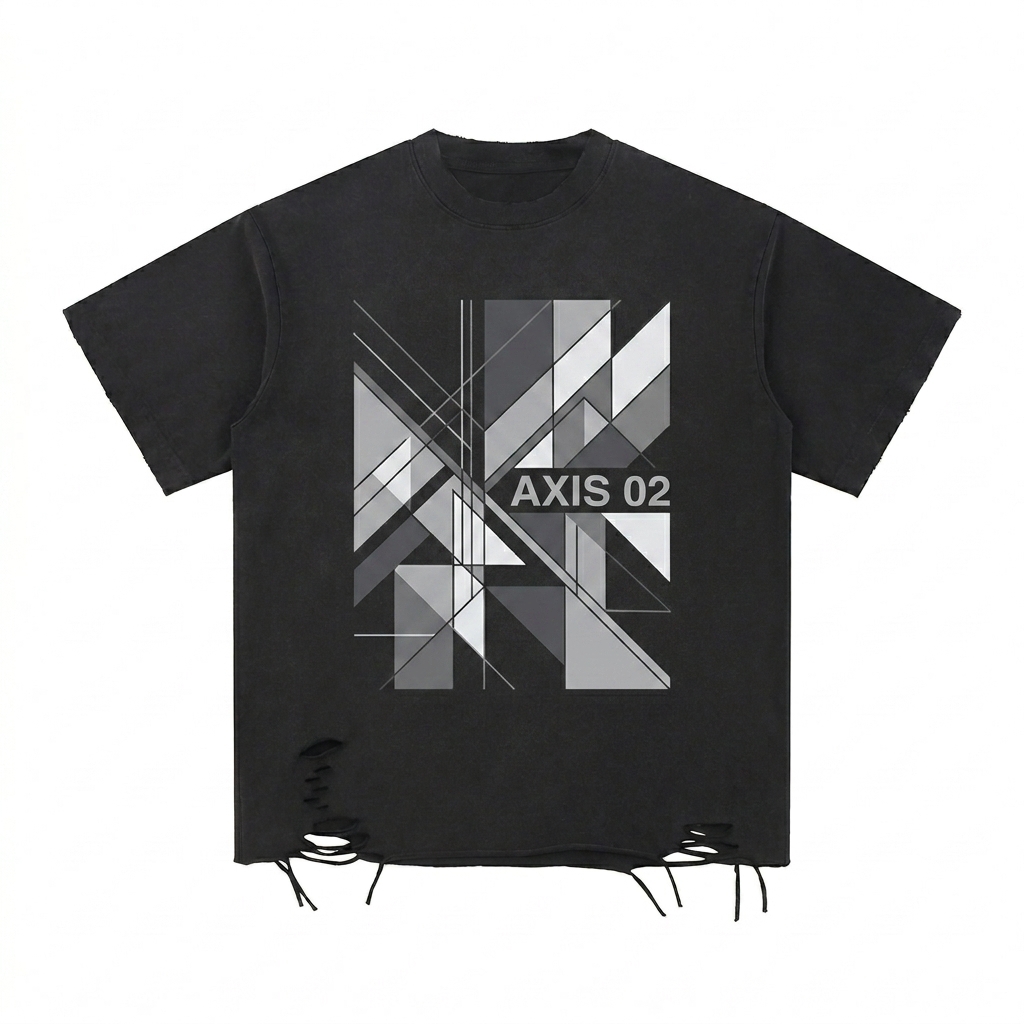 Custom Snow Washed Raw-Hem T-Shirt design direction 2: Abstract Geometric Graphic featuring the AXIS 02 wordmark