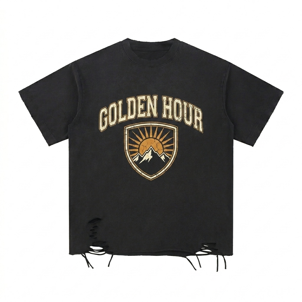 Custom Snow Washed Raw-Hem T-Shirt design direction 3: Retro Collegiate Emblem featuring the GOLDEN HOUR wordmark