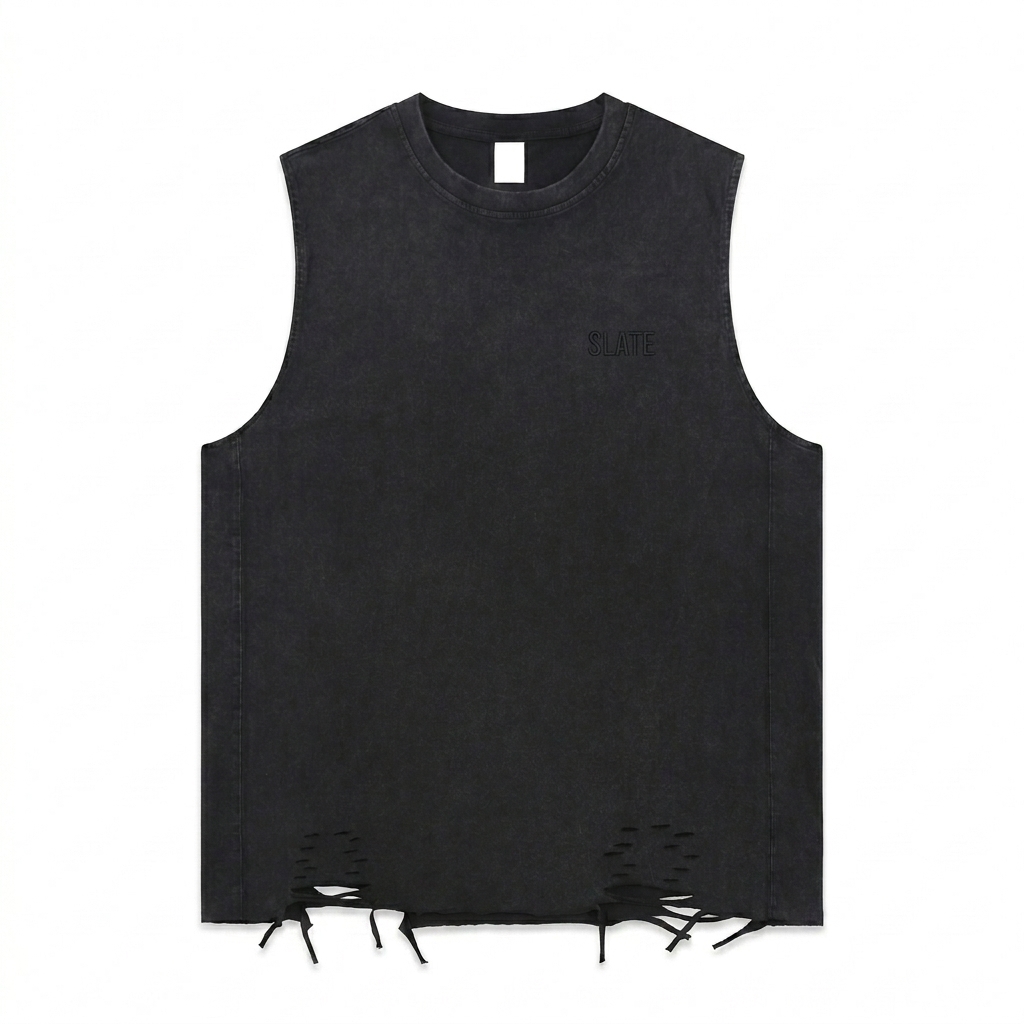 Custom Snow Washed Raw-Hem Tank Top design direction 1: Tonal Identity featuring the SLATE wordmark