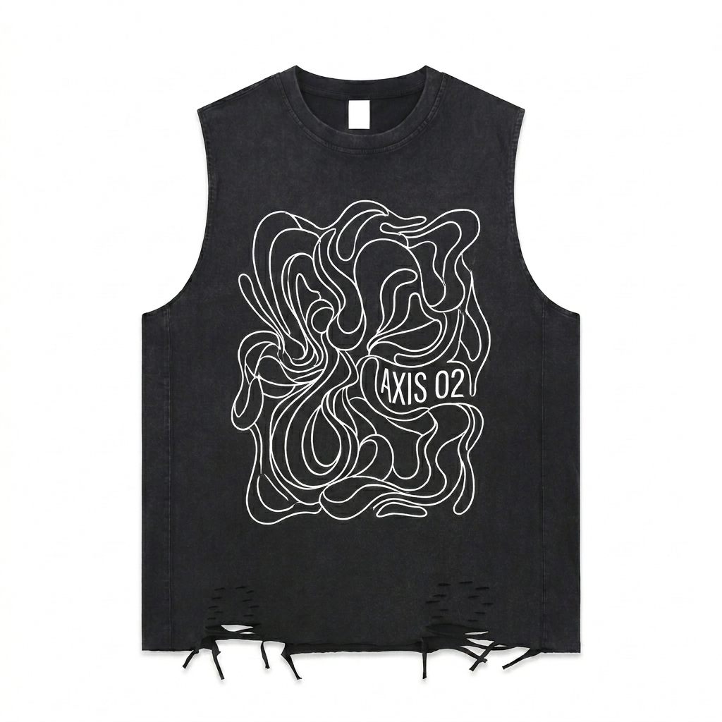 Custom Snow Washed Raw-Hem Tank Top design direction 2: Abstract Flow featuring the AXIS 02 wordmark