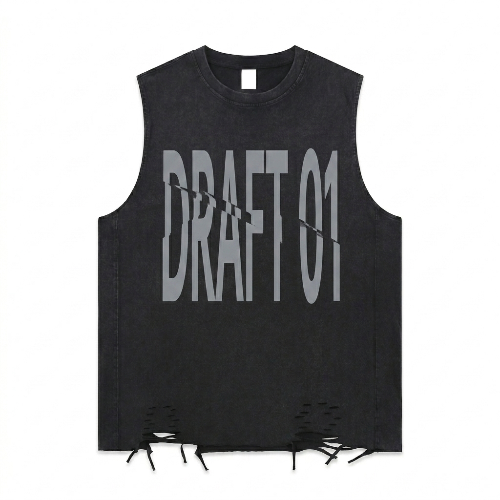 Custom Snow Washed Raw-Hem Tank Top design direction 3: Deconstructed Type featuring the DRAFT 01 wordmark