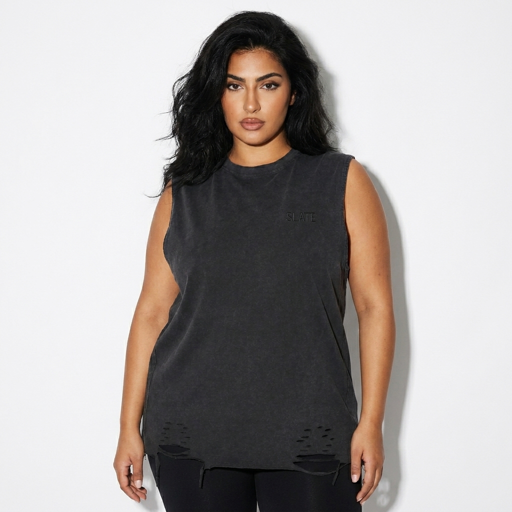 Snow Washed Raw-Hem Tank Top worn by a curvy Middle Eastern female fashion influencer, sporty athleisure styling, studio lookbook — custom snow washed raw-hem tank top