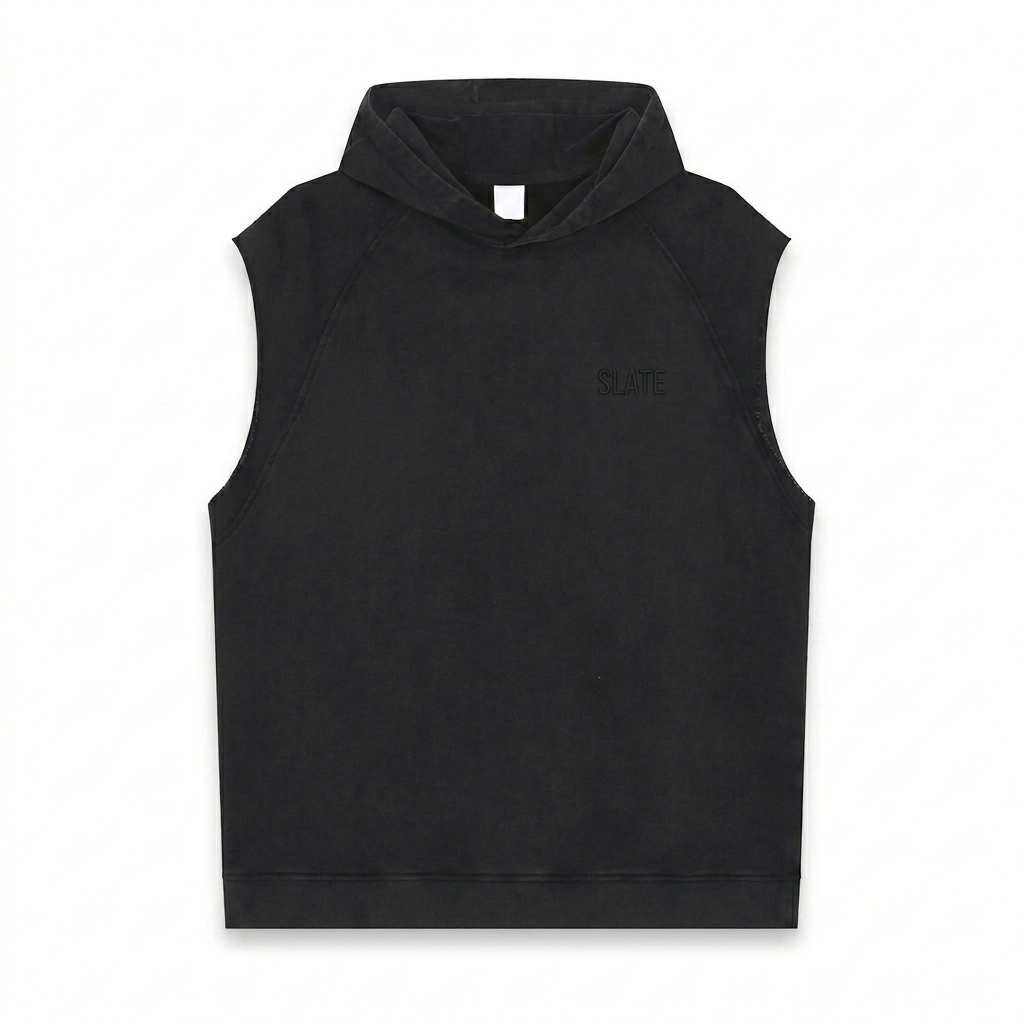 Custom Snow Washed Sleeveless Hoodie design direction 1: Tonal Minimalist Wordmark featuring the SLATE wordmark