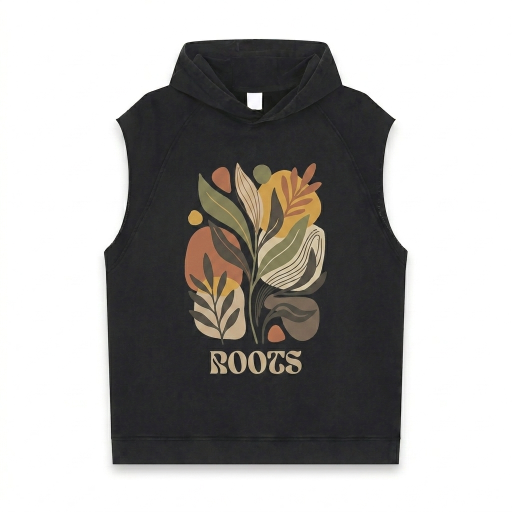Custom Snow Washed Sleeveless Hoodie design direction 2: Bold Graphic Illustration featuring the ROOTS wordmark