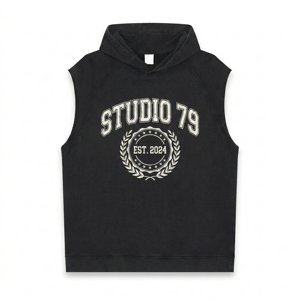 Custom Snow Washed Sleeveless Hoodie design direction 3: Retro Collegiate Emblem featuring the STUDIO 79 wordmark