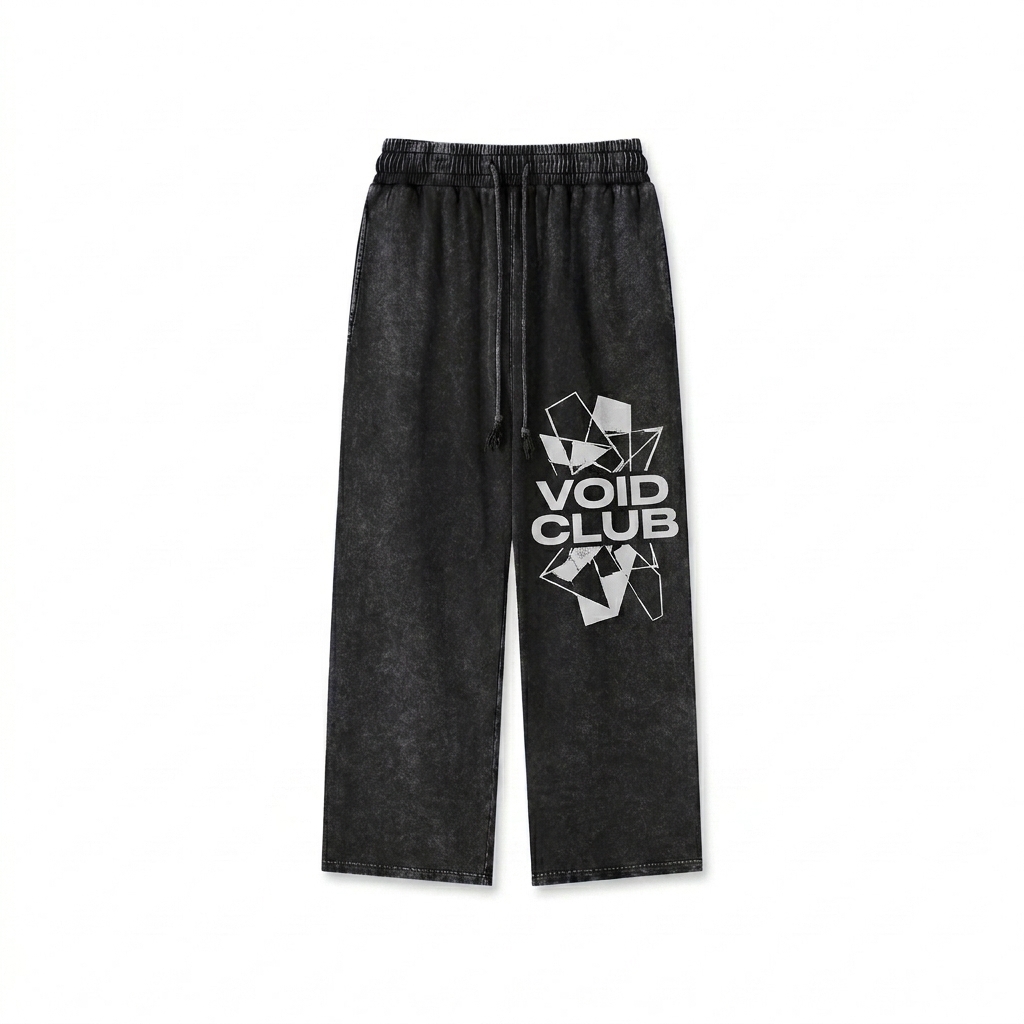 Custom Snow Washed Straight Leg Pants design direction 2: Streetwear Graphic featuring the VOID CLUB wordmark