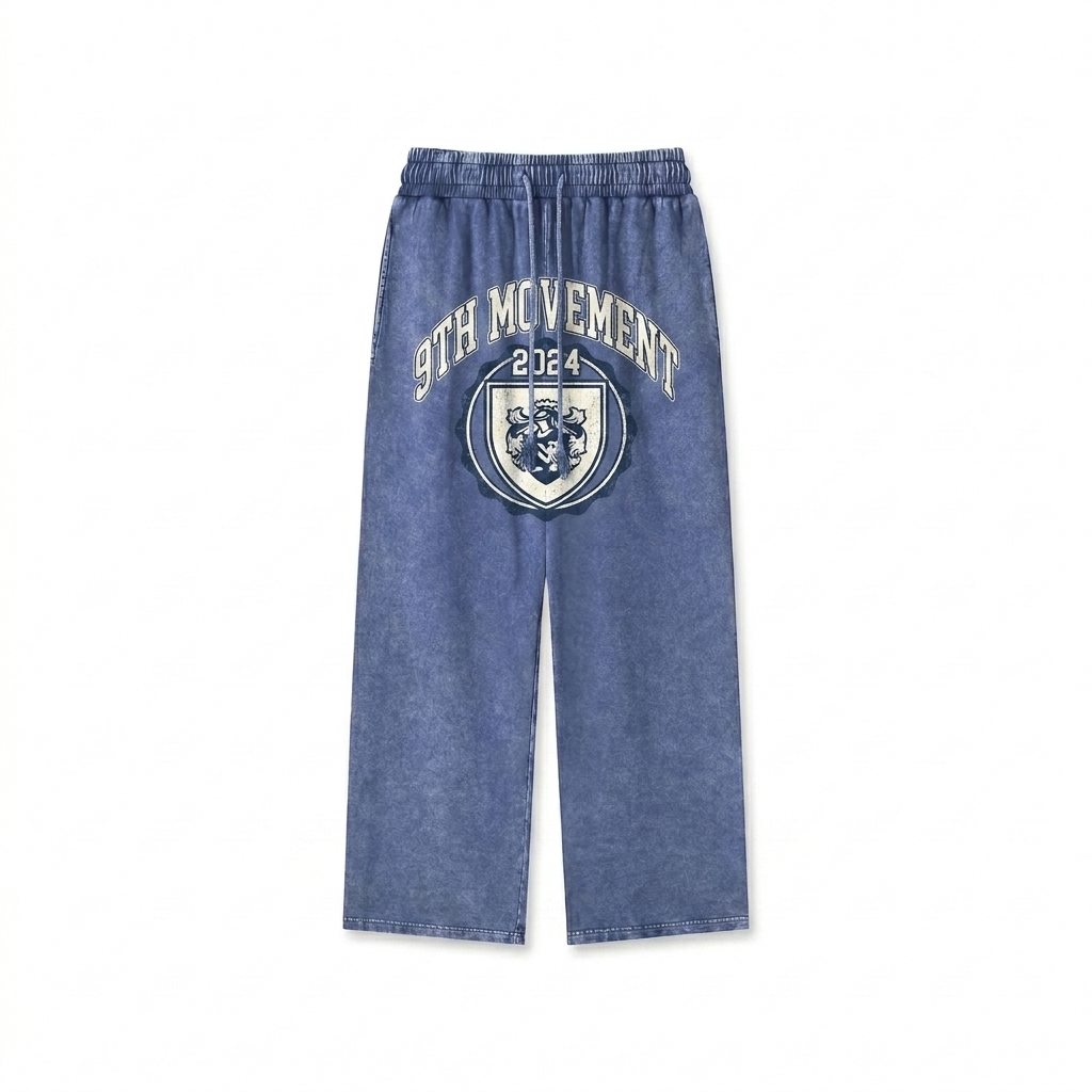 Custom Snow Washed Straight Leg Pants design direction 3: Retro Collegiate Emblem featuring the 9TH MOVEMENT wordmark