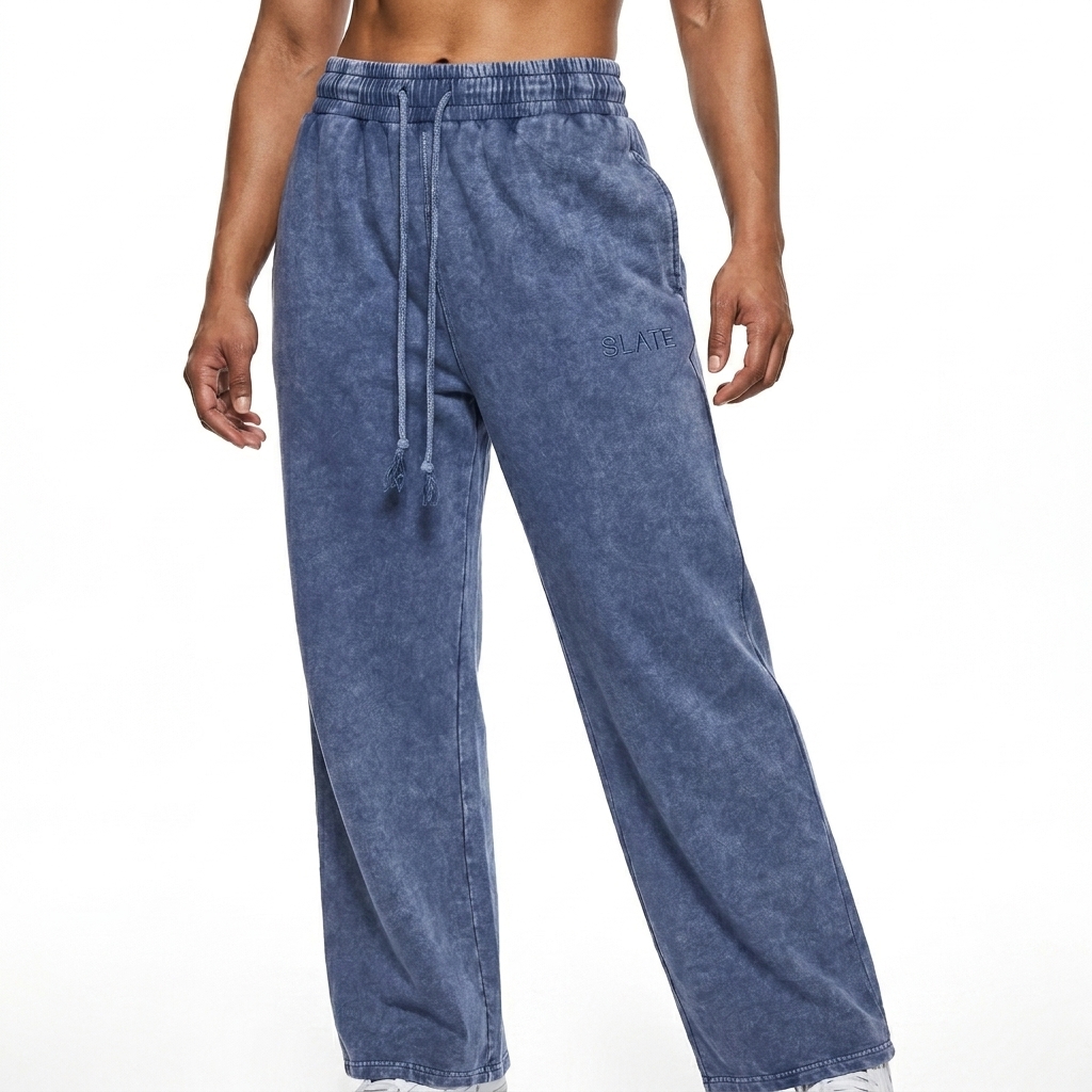 Snow Washed Straight Leg Pants worn by a athletic muscular Pakistani female fashion influencer, y2k revival styling, studio lookbook — custom snow washed straight leg pants