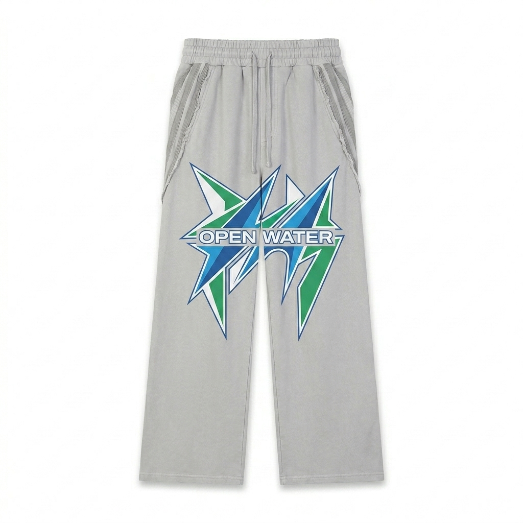 Custom Snow Washed Straight Leg Sweatpants design direction 2: Abstract Geometric Print featuring the OPEN WATER wordmark