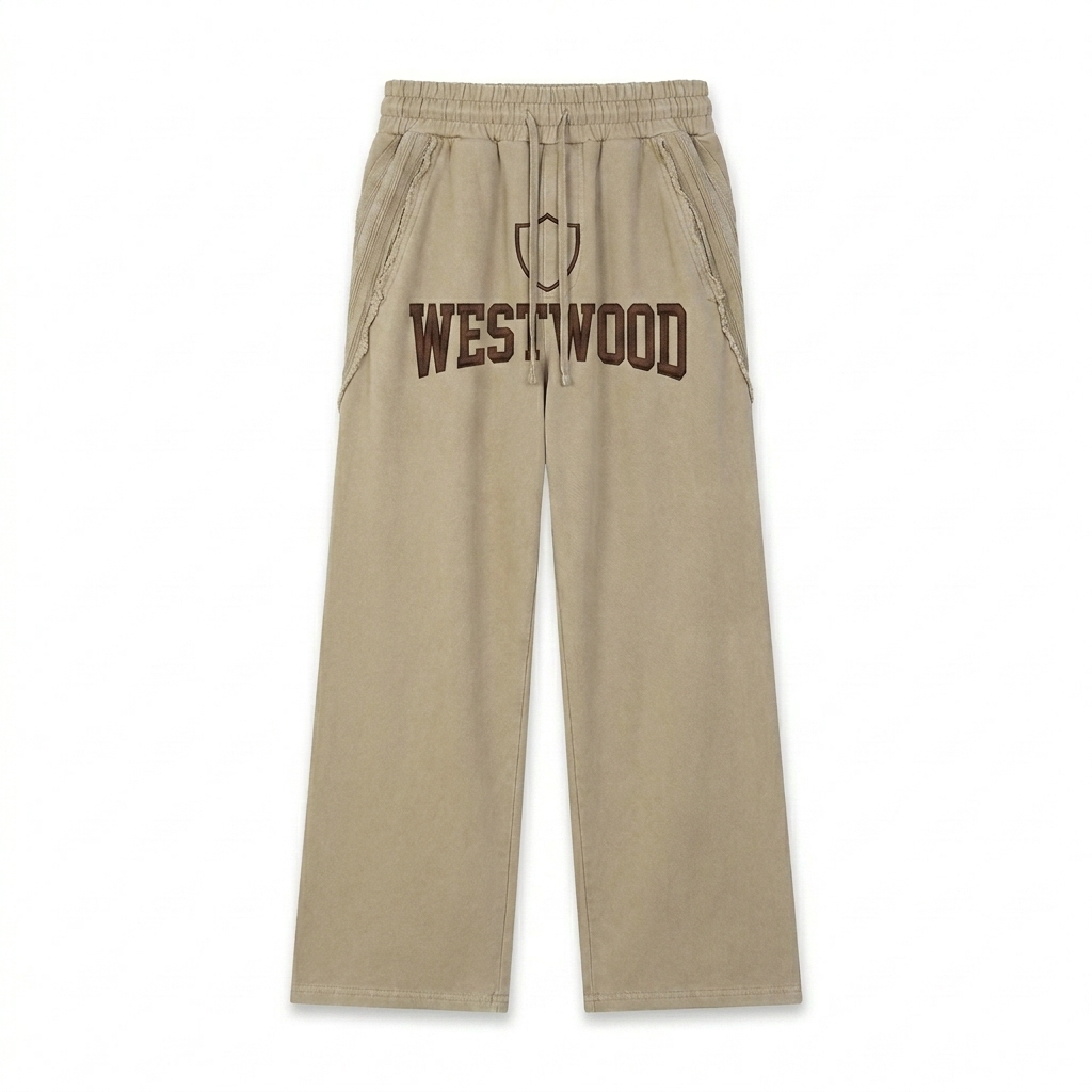 Custom Snow Washed Straight Leg Sweatpants design direction 3: Vintage Collegiate Emblem featuring the WESTWOOD wordmark