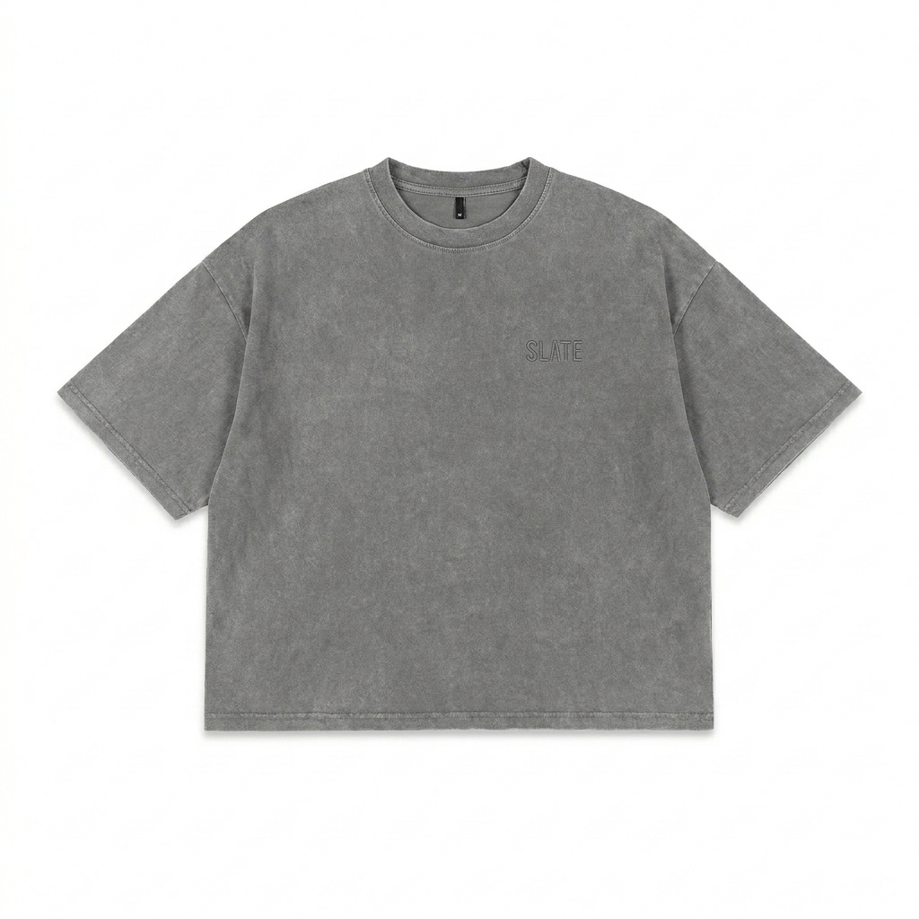 Custom Snow Washed Striped Boxy T-Shirt design direction 1: Subtle Tonal Text featuring the SLATE wordmark