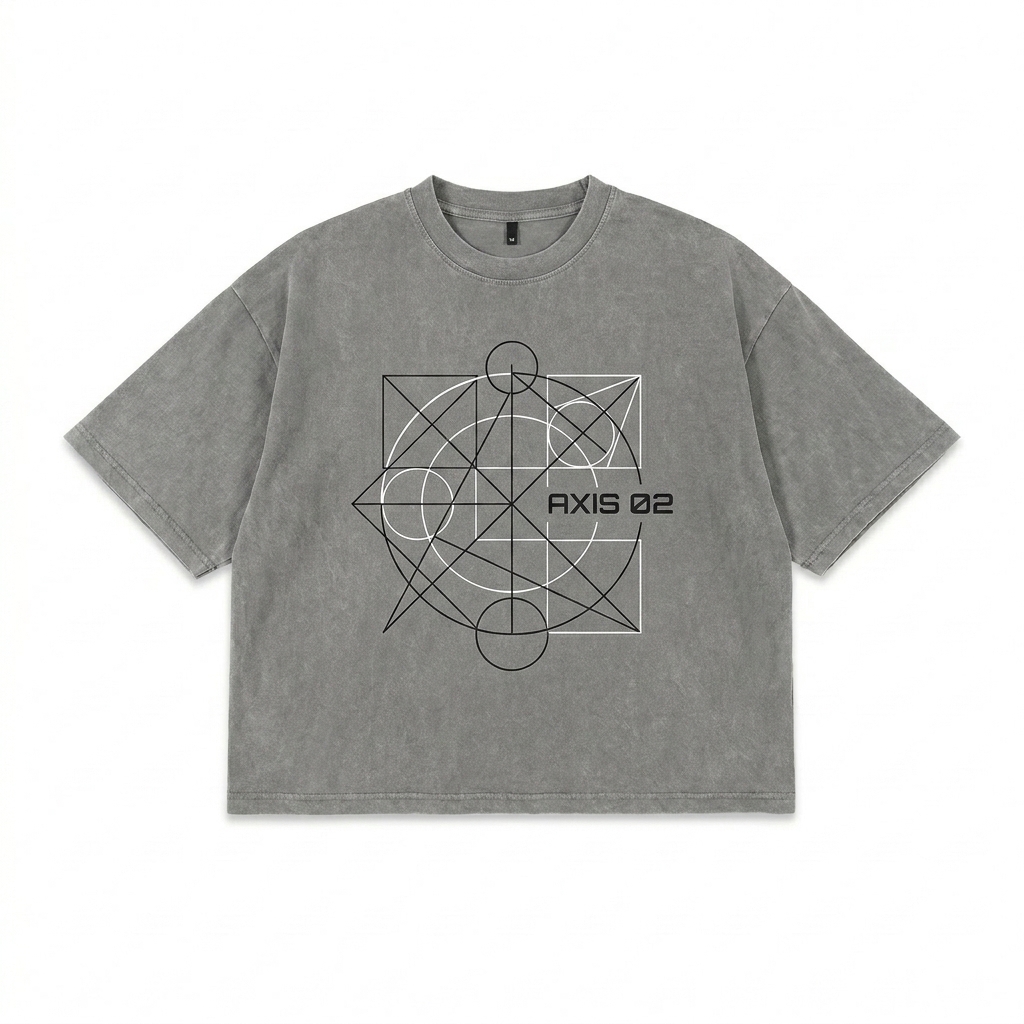 Custom Snow Washed Striped Boxy T-Shirt design direction 2: Abstract Geometric Print featuring the AXIS 02 wordmark