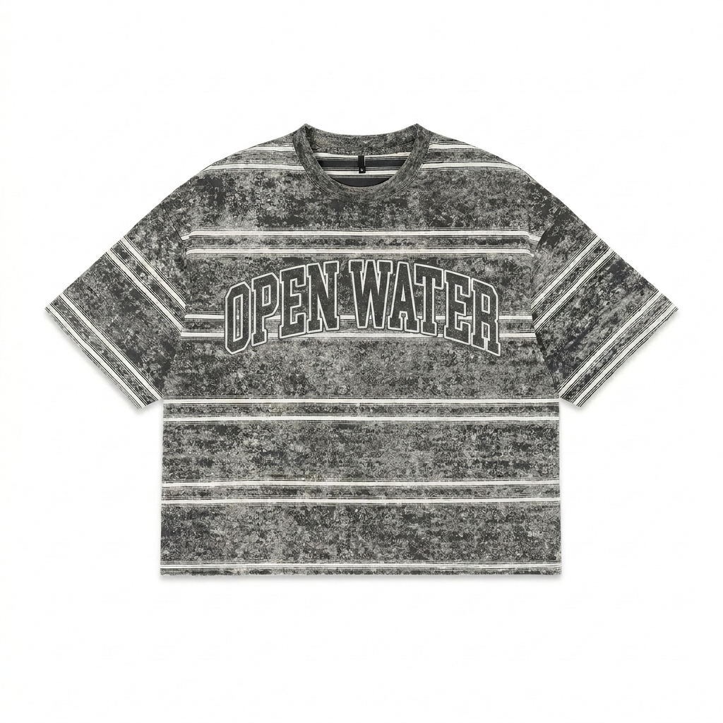 Custom Snow Washed Striped Boxy T-Shirt design direction 3: Varsity Lettering featuring the OPEN WATER wordmark