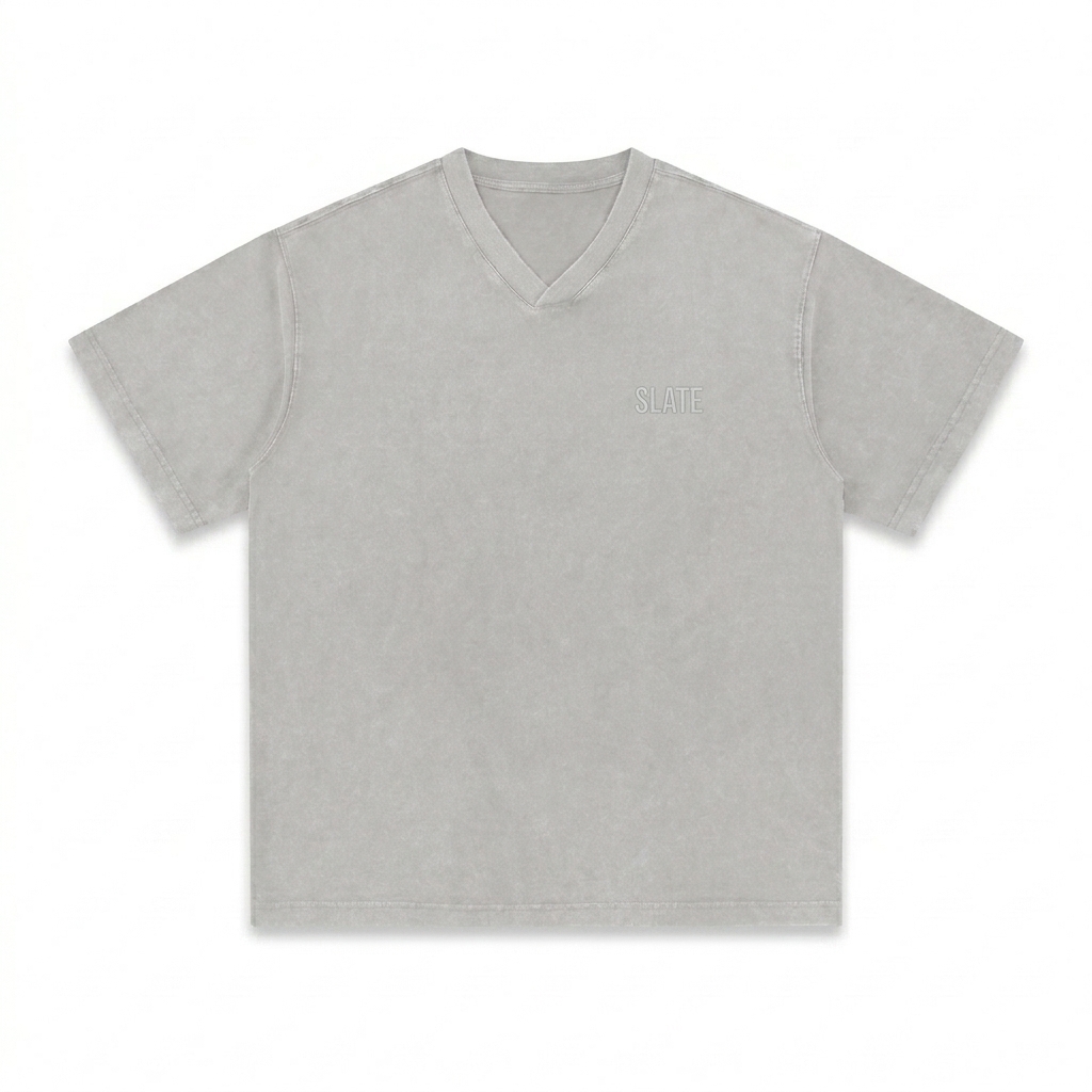 Custom Snow Washed V-Neck T-Shirt design direction 1: Tonal Minimalist Wordmark featuring the SLATE wordmark