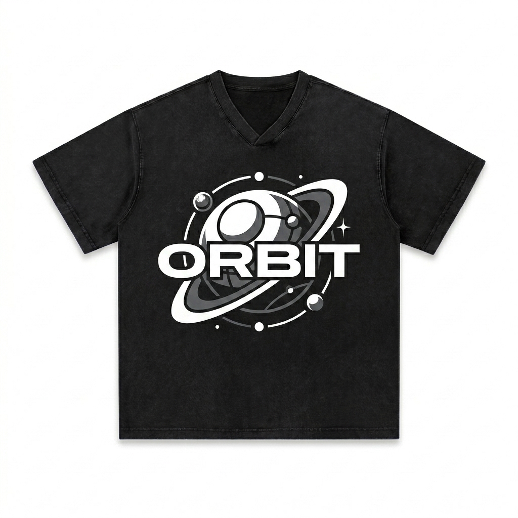 Custom Snow Washed V-Neck T-Shirt design direction 2: Bold Abstract Graphic featuring the ORBIT wordmark