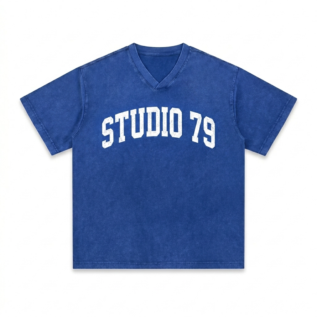 Custom Snow Washed V-Neck T-Shirt design direction 3: Retro Collegiate Emblem featuring the STUDIO 79 wordmark