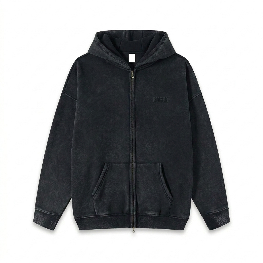 Custom Snow Washed Zip-Through Hoodie design direction 1: Tonal Minimalist Wordmark featuring the EMBER wordmark