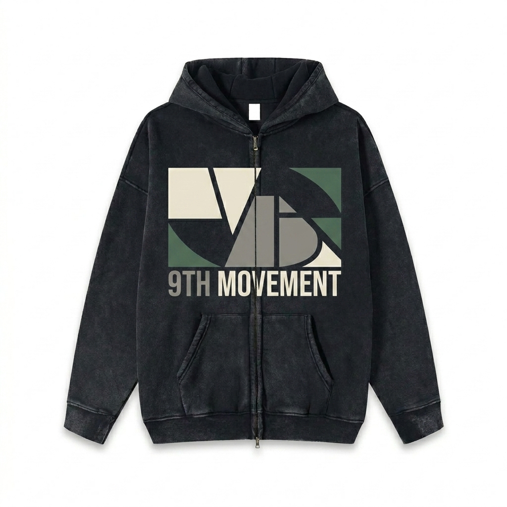 Custom Snow Washed Zip-Through Hoodie design direction 2: Bold Abstract Graphic featuring the 9TH MOVEMENT wordmark