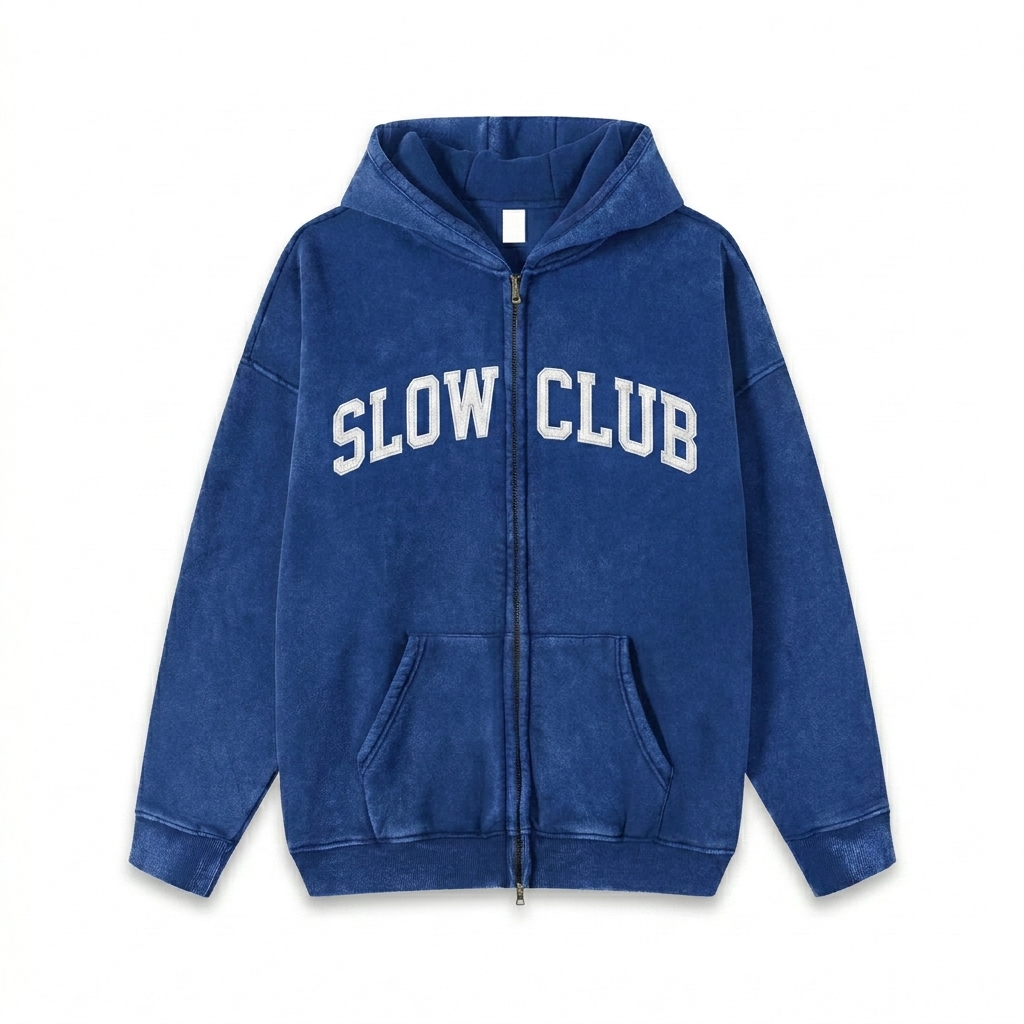 Custom Snow Washed Zip-Through Hoodie design direction 3: Retro Collegiate Emblem featuring the SLOW CLUB wordmark