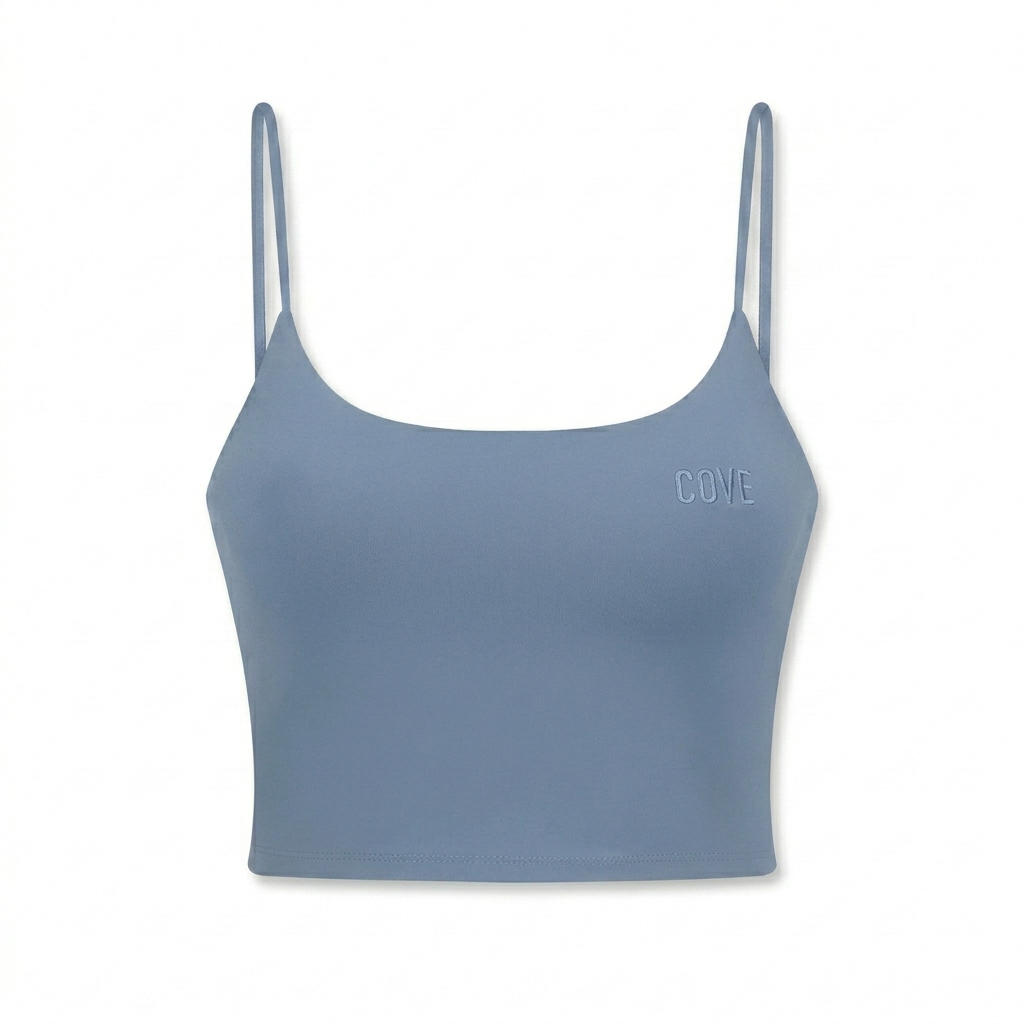 Custom Spaghetti Strap Sports Bra design direction 1: Tonal Minimalist Wordmark featuring the COVE wordmark