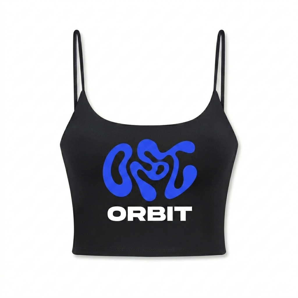 Custom Spaghetti Strap Sports Bra design direction 2: Bold Abstract Graphic featuring the ORBIT wordmark