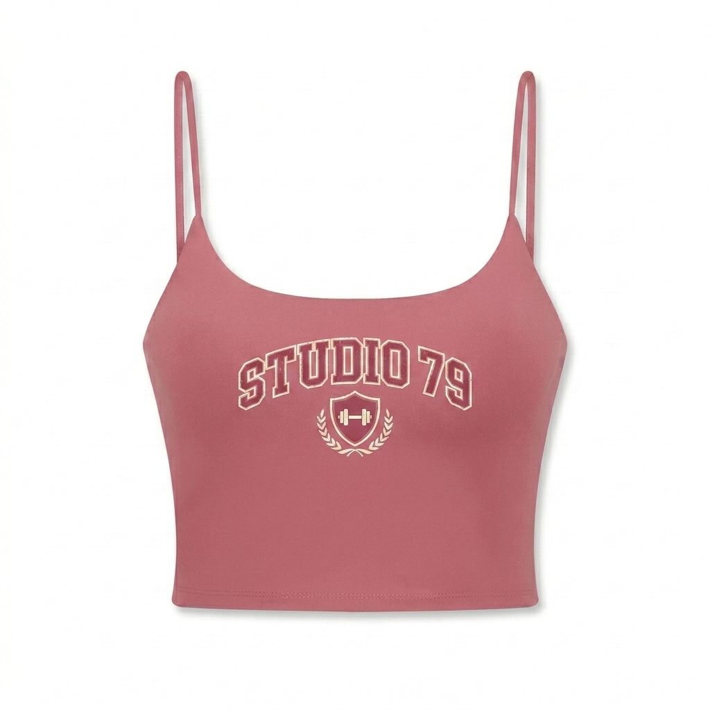 Custom Spaghetti Strap Sports Bra design direction 3: Retro Collegiate Emblem featuring the STUDIO 79 wordmark