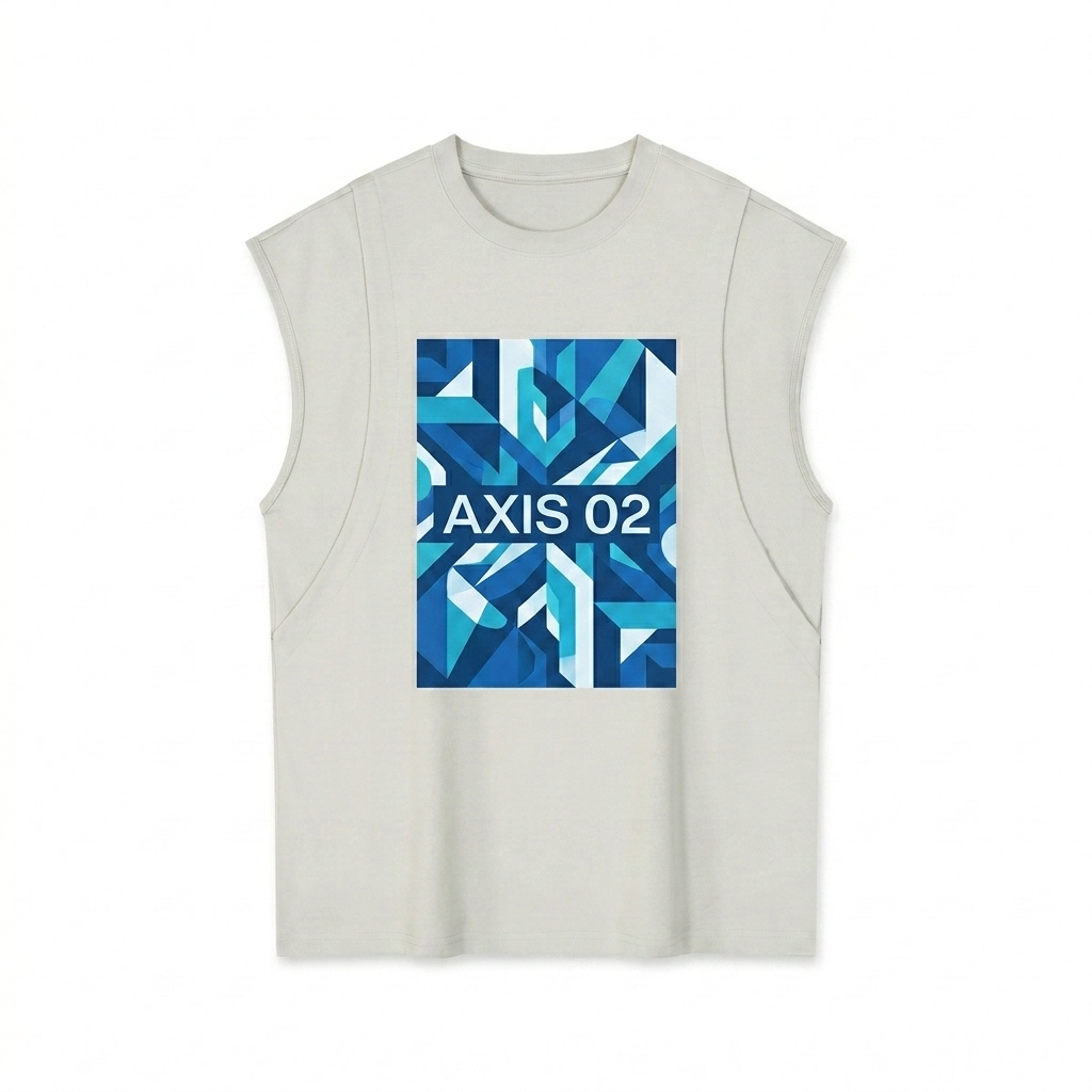 Custom Spliced Panel Muscle Tee design direction 2: Bold Abstract Graphic featuring the AXIS 02 wordmark