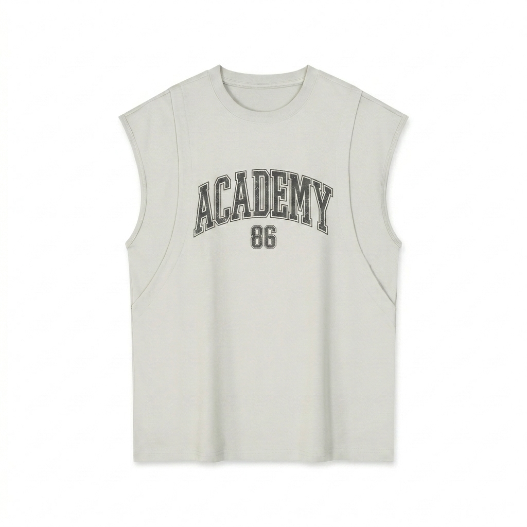 Custom Spliced Panel Muscle Tee design direction 3: Retro Collegiate Emblem featuring the ACADEMY wordmark