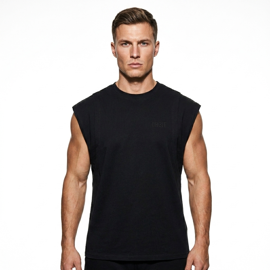 Spliced Panel Muscle Tee worn by a athletic muscular German male fashion influencer, preppy ivy styling, studio lookbook — custom spliced panel muscle tee