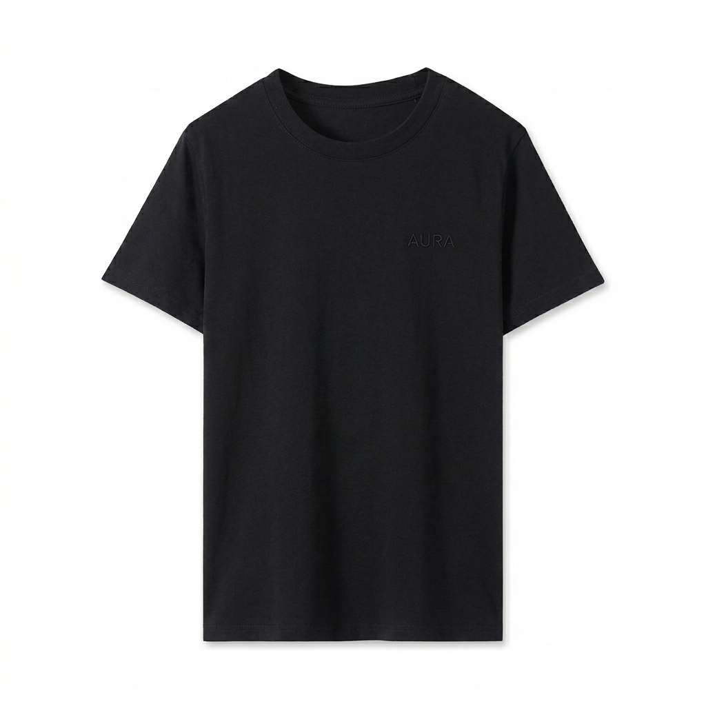 Custom Standard Shoulder T-Shirt design direction 1: Tonal Left Chest Wordmark featuring the AURA wordmark