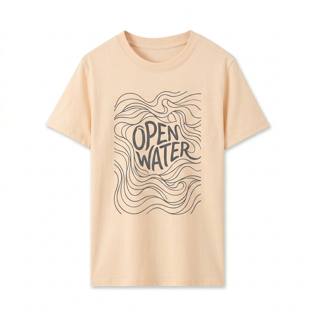 Custom Standard Shoulder T-Shirt design direction 2: Abstract Line Art Graphic featuring the OPEN WATER wordmark