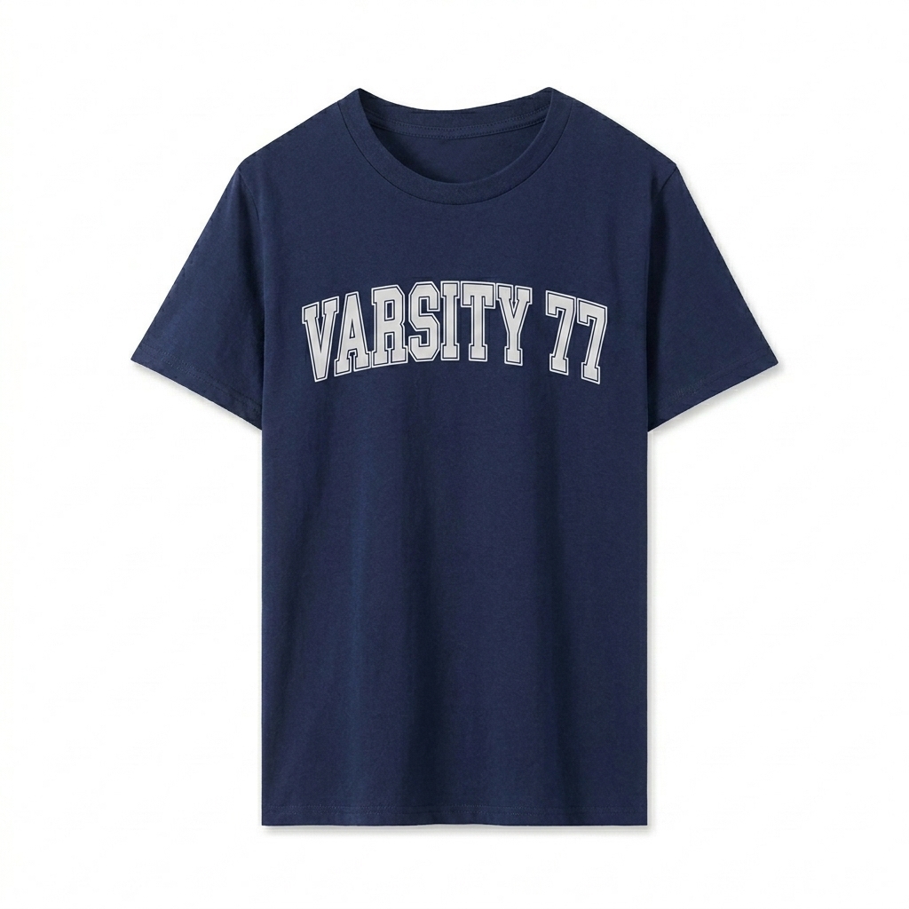 Custom Standard Shoulder T-Shirt design direction 3: Collegiate-Inspired Wordmark featuring the VARSITY 77 wordmark