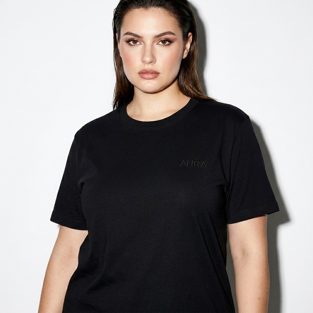 Standard Shoulder T-Shirt worn by a curvy Eastern European female fashion influencer, workwear utility styling, studio lookbook — custom standard shoulder t-shirt