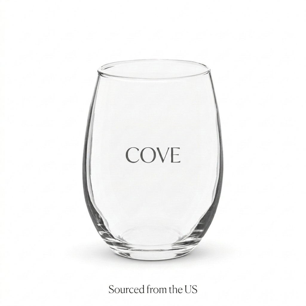 Custom Stemless Wine Glass design direction 1: Tonal Minimalist Wordmark featuring the COVE wordmark