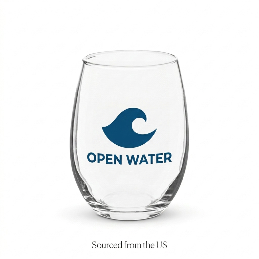 Custom Stemless Wine Glass design direction 2: Abstract Wave Graphic featuring the OPEN WATER wordmark