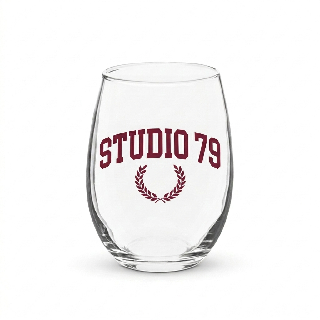Custom Stemless Wine Glass design direction 3: Retro Collegiate Emblem featuring the STUDIO 79 wordmark
