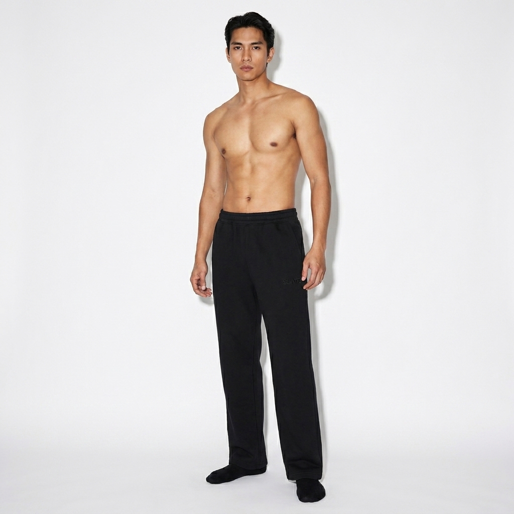 Straight-Leg Sweatpants worn by a lean Filipino male fashion influencer, editorial avant-garde styling, studio lookbook — custom straight-leg sweatpants