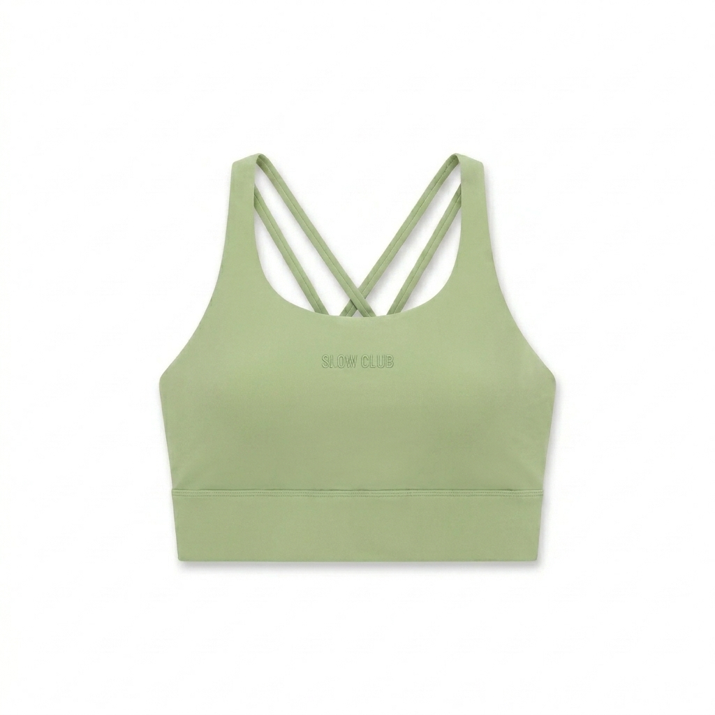 Custom Strappy Criss-Cross Sports Bra design direction 1: Tonal Minimalist Wordmark featuring the SLOW CLUB wordmark