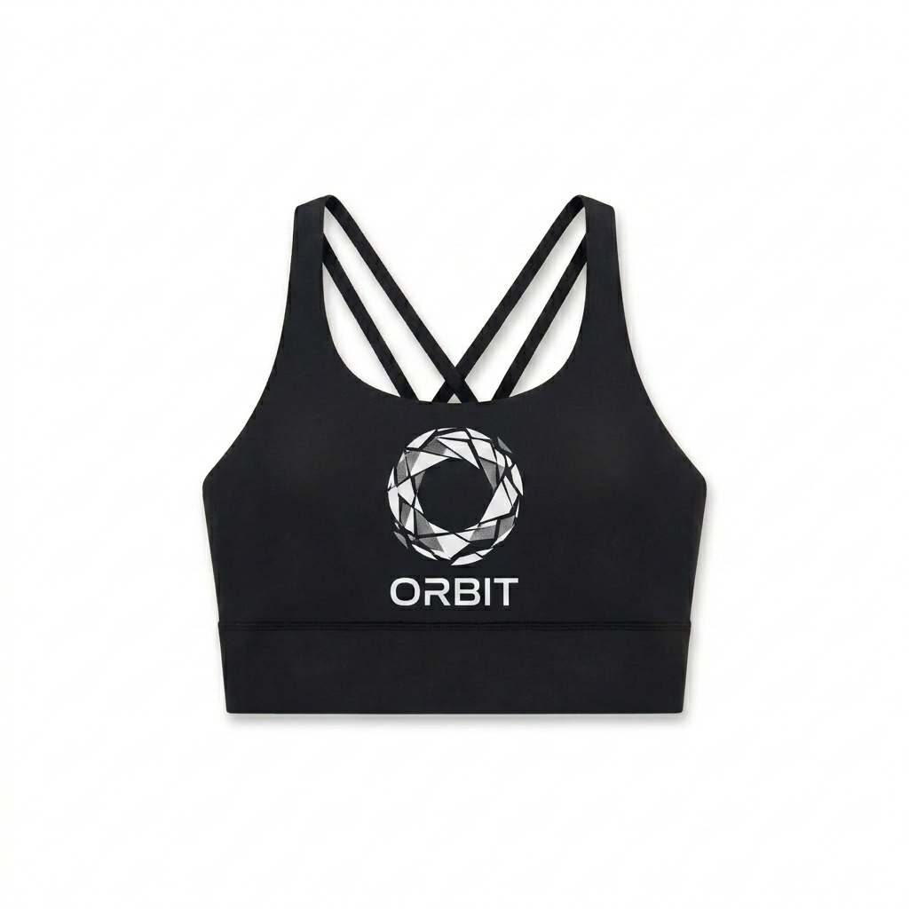Custom Strappy Criss-Cross Sports Bra design direction 2: Bold Abstract Graphic featuring the ORBIT wordmark