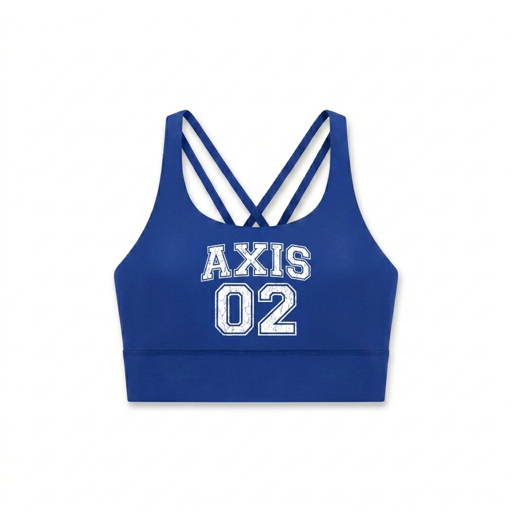 Custom Strappy Criss-Cross Sports Bra design direction 3: Retro Collegiate Typography featuring the AXIS 02 wordmark