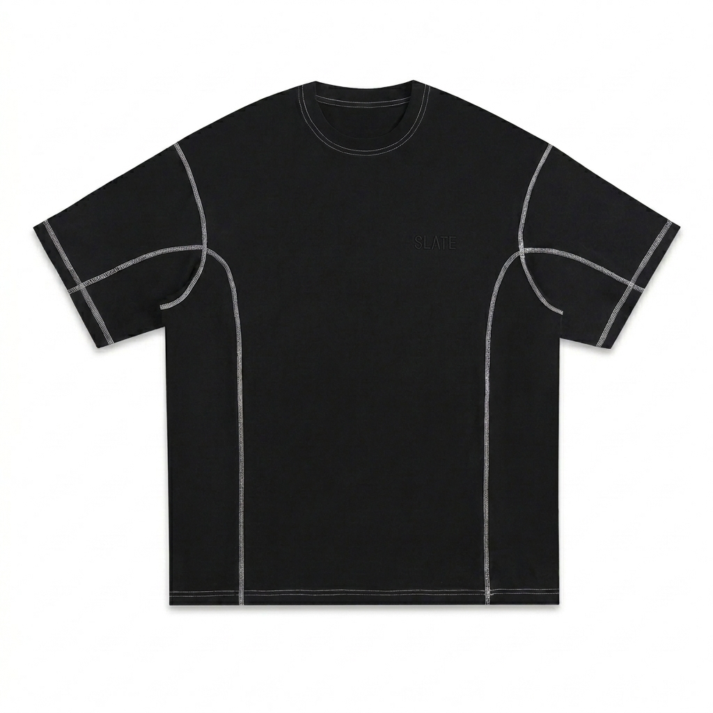 Custom Streetwear Contrast-Stitched T-Shirt design direction 1: Subtle Identity featuring the SLATE wordmark