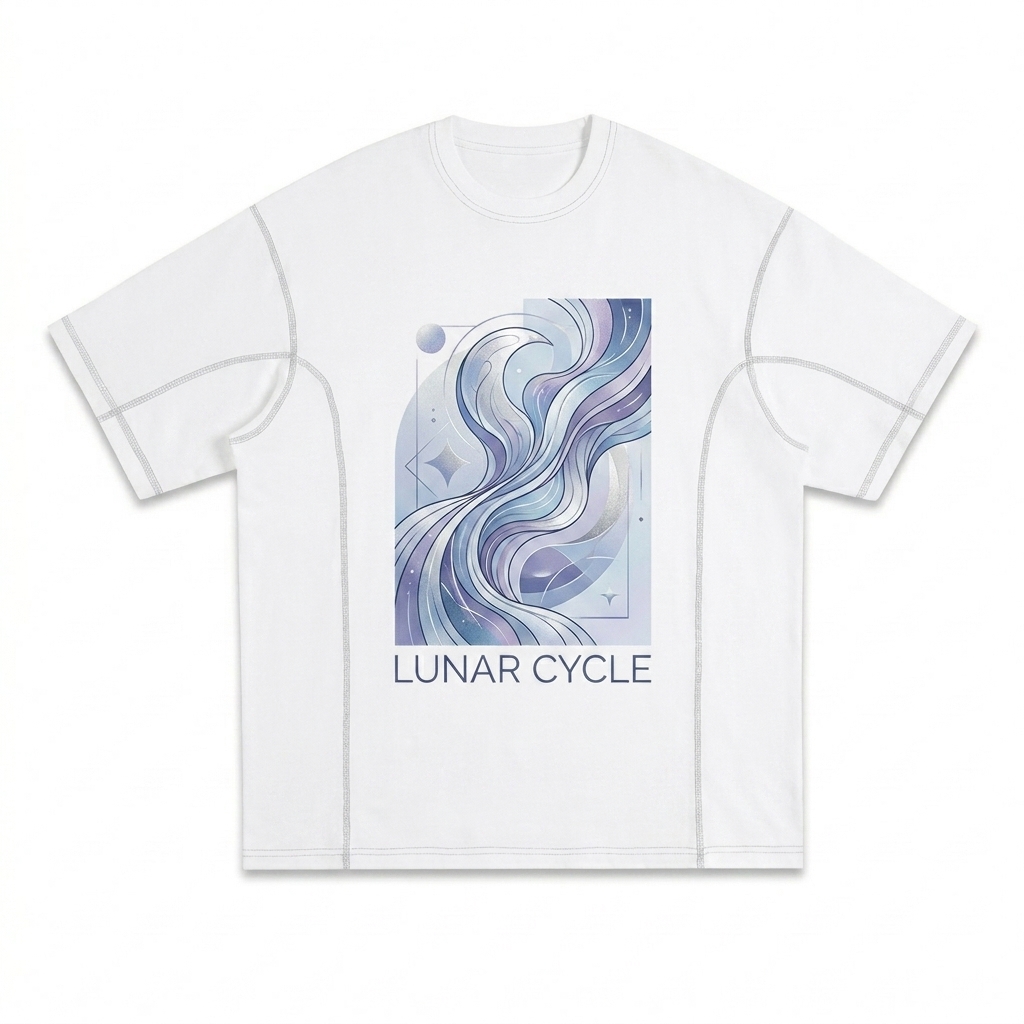 Custom Streetwear Contrast-Stitched T-Shirt design direction 2: Abstract Flow featuring the LUNAR CYCLE wordmark