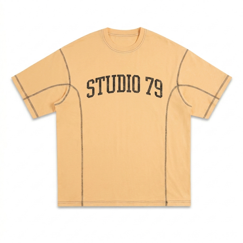Custom Streetwear Contrast-Stitched T-Shirt design direction 3: Varsity Spirit featuring the STUDIO 79 wordmark