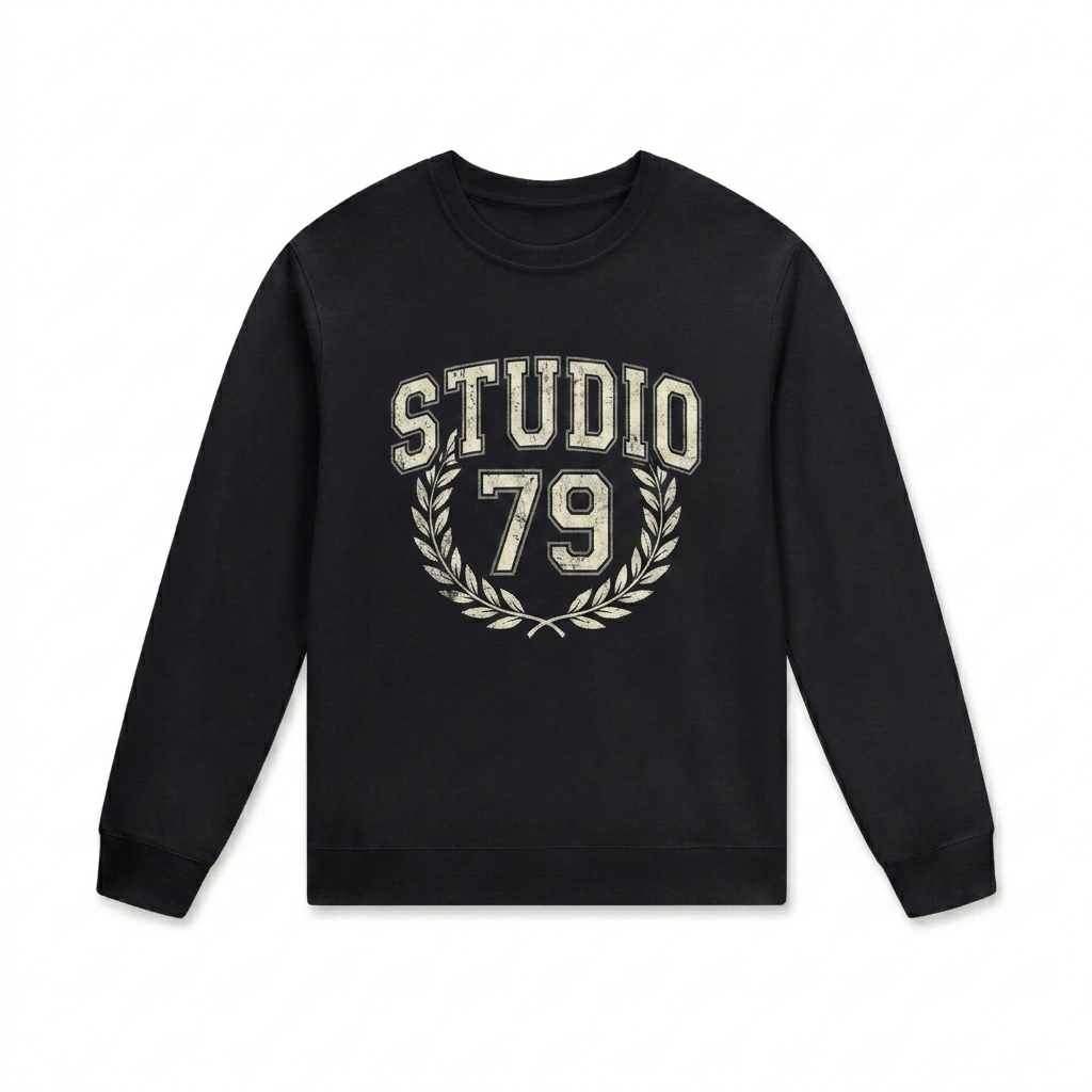 Custom Streetwear Cotton Pullover design direction 3: Retro Collegiate Emblem featuring the STUDIO 79 wordmark