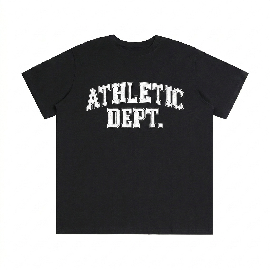 Custom Oversized Cotton T-Shirt design direction 3: Retro Collegiate Aesthetic featuring the ATHLETIC DEPT. wordmark
