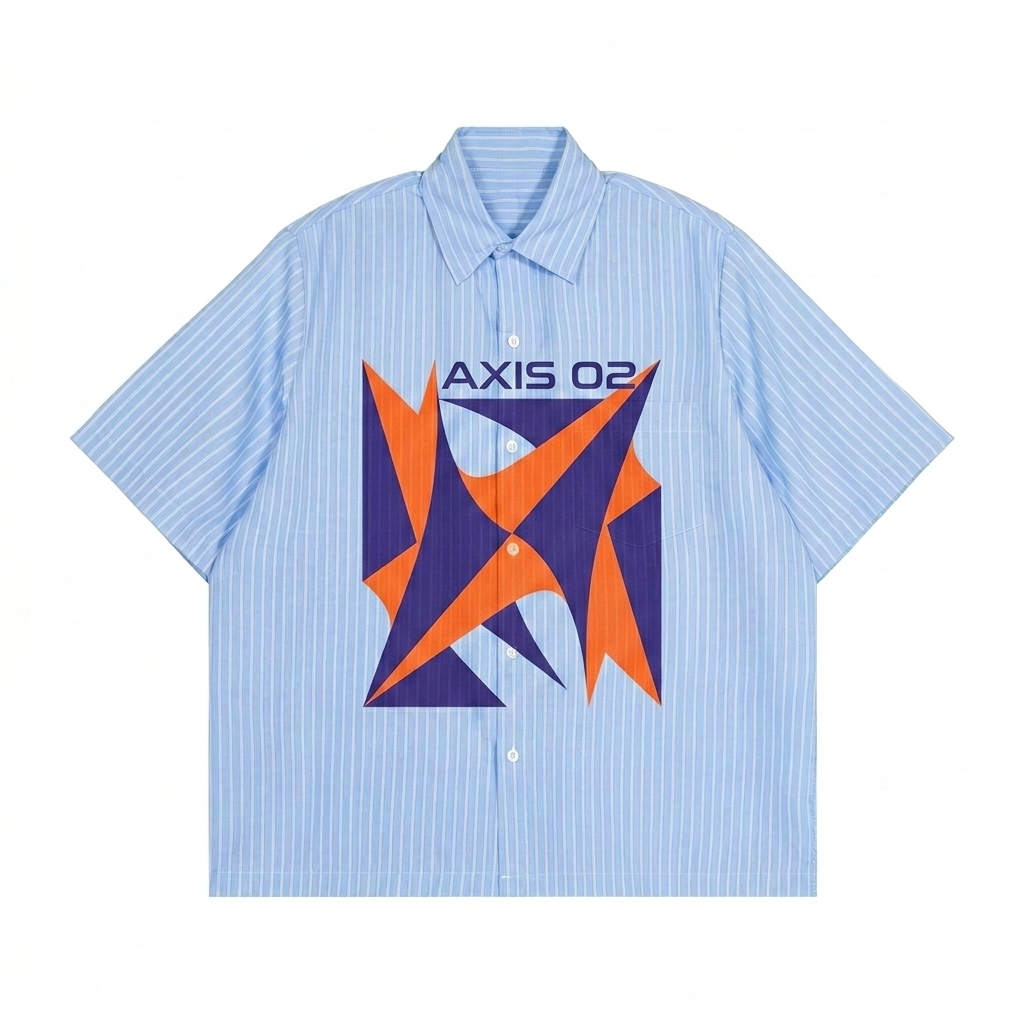 Custom Striped Boxy Short Sleeve Shirt design direction 2: Bold Abstract Graphic featuring the AXIS 02 wordmark