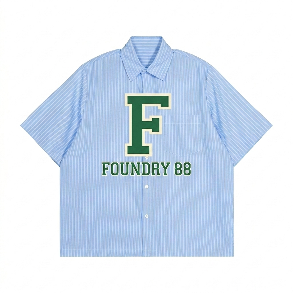 Custom Striped Boxy Short Sleeve Shirt design direction 3: Retro Collegiate Emblem featuring the FOUNDRY 88 wordmark