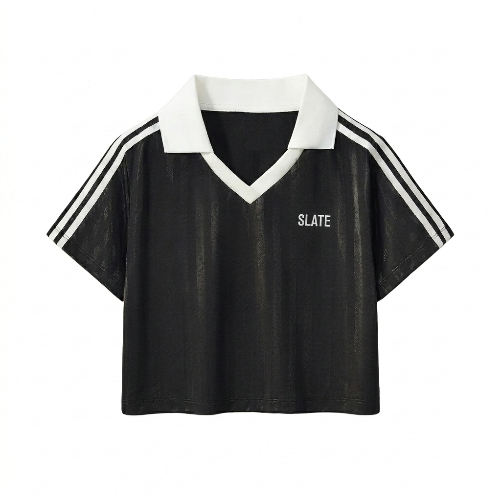 Custom Striped Contrast Collar Cropped Jersey design direction 1: Tonal Minimalist Wordmark featuring the SLATE wordmark